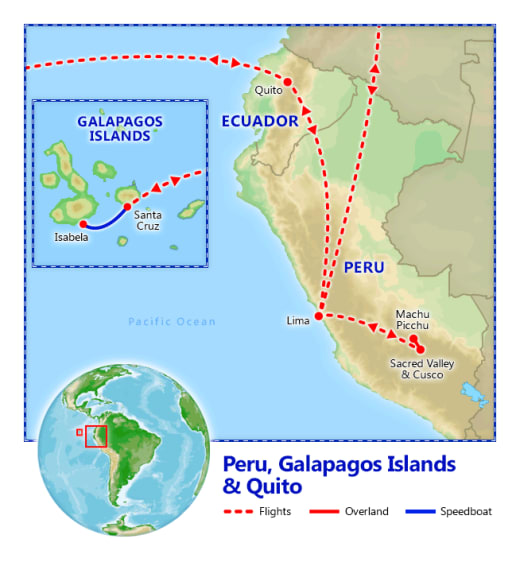Peru, Galapagos Islands & Quito map