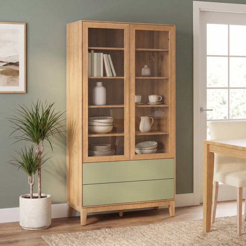 Vitrine der Serie S600 mit konischem Untergestell, Innen mit Geschirr