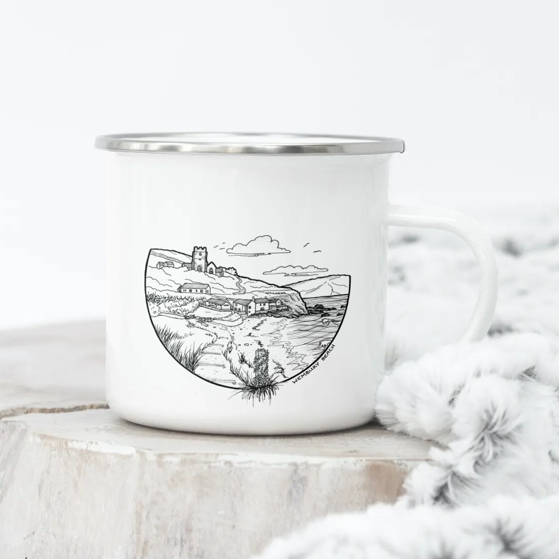 Wembury beach enamel mug An enamel mug with Wembury beach design