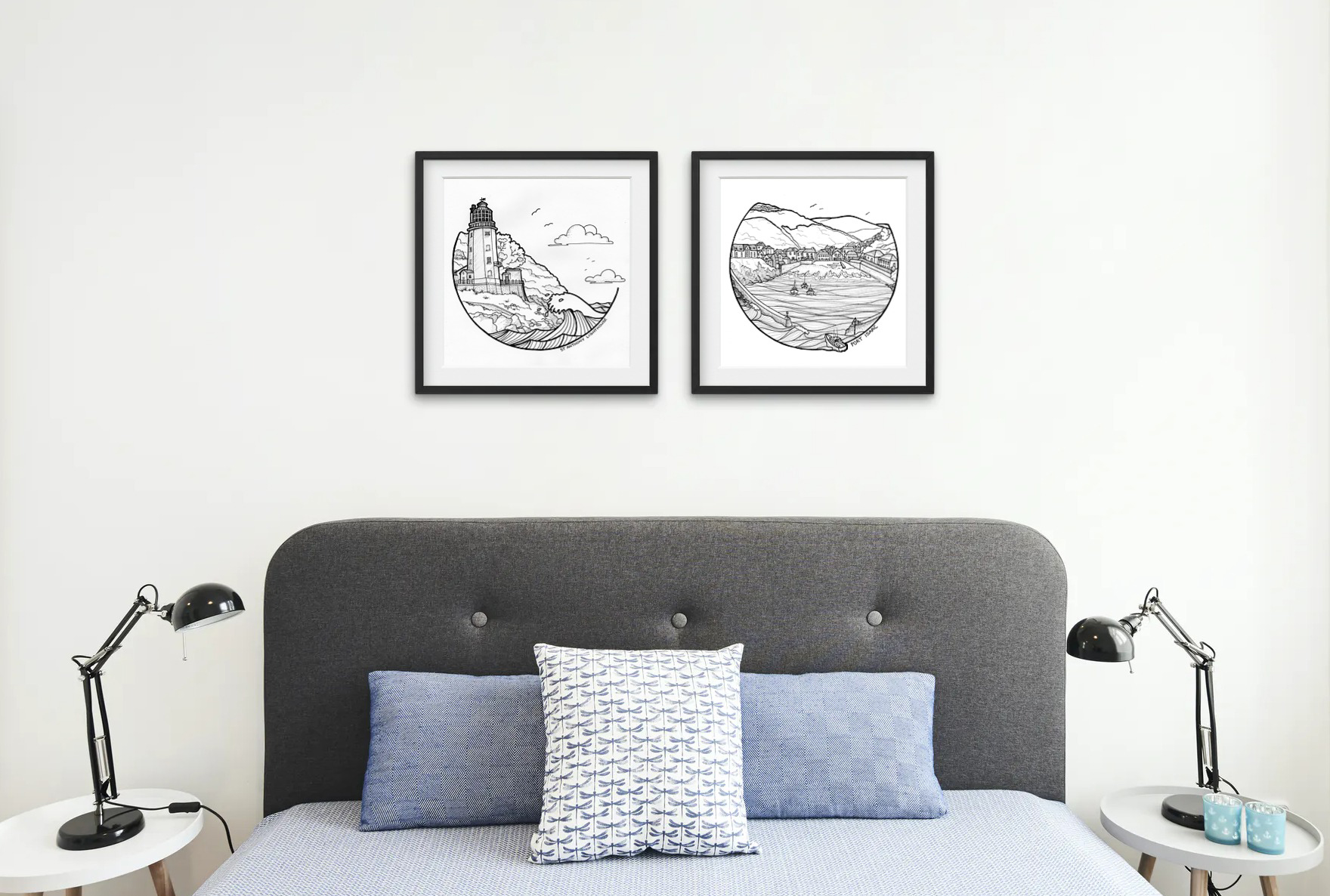 Wall art image Framed St Anthonys and Port Isaac prints above a bed headboard