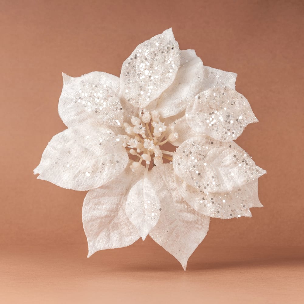 Hoja de Flor de Pascua Blanca con Brillo y Clip Ø15 cm | Fronda