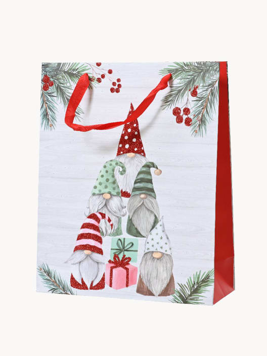 Bolsa de Regalo para Navidad con Gnomos, Regalos y Ramas de Acebo
