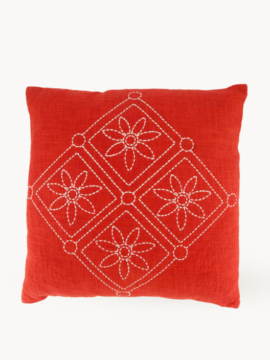 Cojín Cuadrado Bordado Flor Rojo y Blanco 45x45 cm