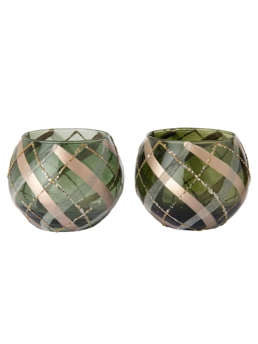 Portavelas de cuadros verde/dorado Ø10×8 cm