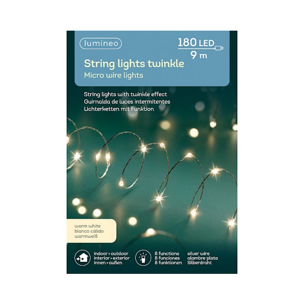 Luces de Navidad String twinkle Blanco micro 180 Leds (cable plateado de 9m)