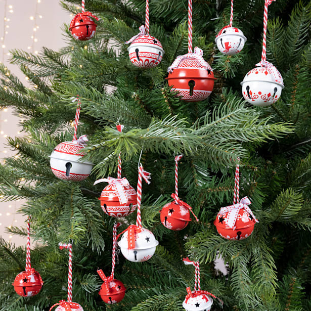 Bolsa de bolas de navidad de cascabeles rojos y blanco de 6cm