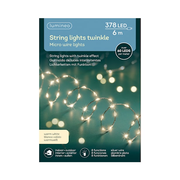 Luces de Navidad String twinkle Blanco micro 378 Leds (cable plateado de 6m)