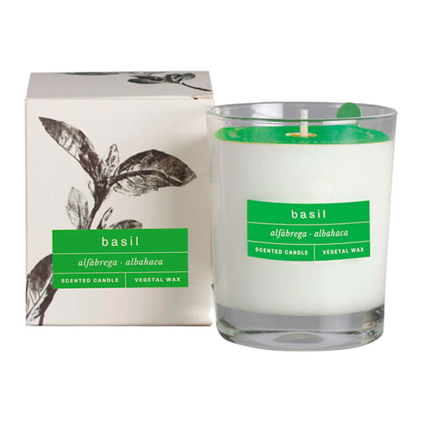 Vela perfumada en vaso con olor a albahaca