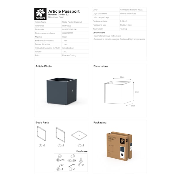 Herstera Metal Planter - Jardinera CUBE antracita