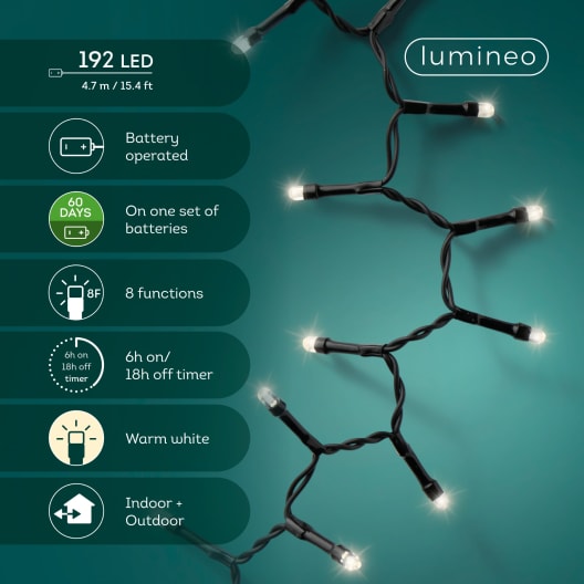 Luces de Navidad Battery Compact twinkle Blanco 192 Leds (cable negro de 4,7m)
