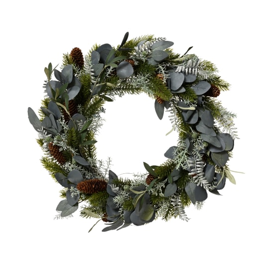 Corona artificial de Navidad - Hojas plateadas con piñas