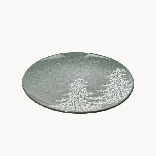 Plato Llano con Abetos Nevados, Color Verde, Diámetro 20 cm