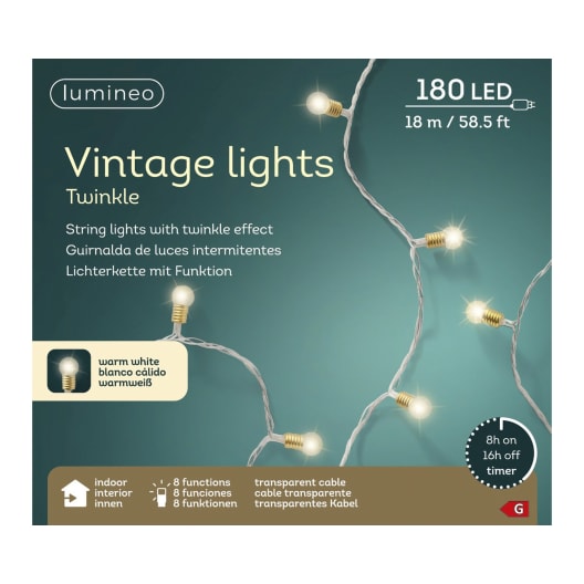 Luces de Navidad Vintage LED blanco cálido 180 luces (cable transparente de 18 m)