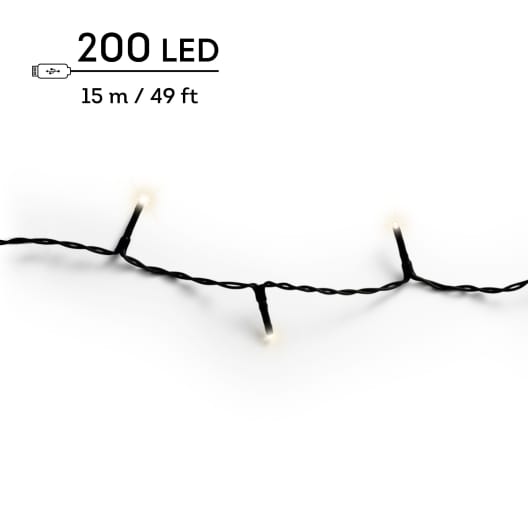 Guirnalda LED recargable blanco cálido 200 luces (cable negro de 15 m)