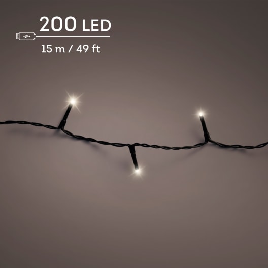 Guirnalda LED recargable blanco cálido 200 luces (cable negro de 15 m)