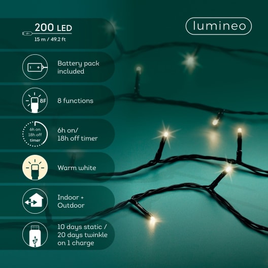 Guirnalda LED recargable blanco cálido 200 luces (cable negro de 15 m)