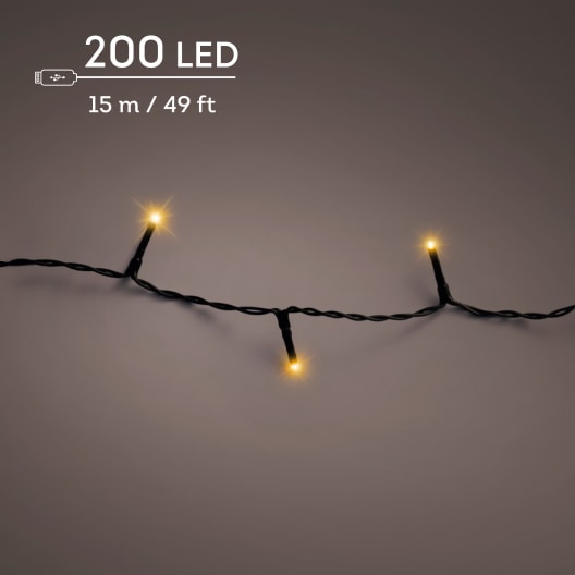 Guirnalda LED recargable tono cálido 200 luces (cable negro de 15 m)