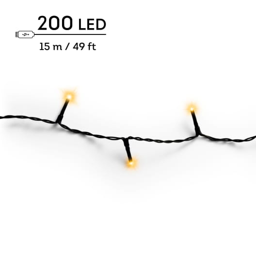 Guirnalda LED recargable tono cálido 200 luces (cable negro de 15 m)
