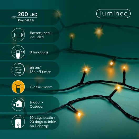 Guirnalda LED recargable tono cálido 200 luces (cable negro de 15 m)