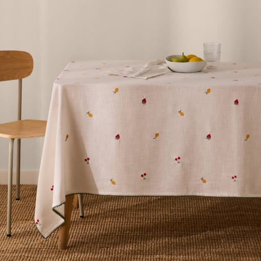 Mantel de algodón efecto lino con frutas bordadas Granfru