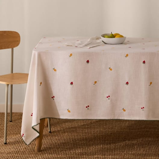 Mantel de algodón efecto lino con frutas bordadas Granfru