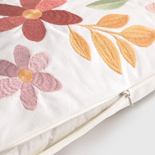 Funda de cojín de algodón con flores bordadas Foliona