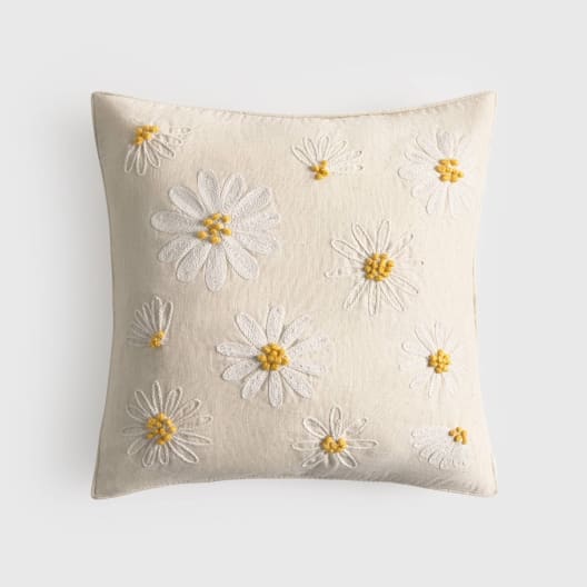 Funda de cojín de algodón y lino con flores bordadas Fridasy