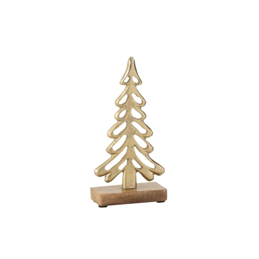 Abeto decorativo de aluminio dorado con base de madera 21 cm