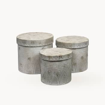 Set 3 Cajas Redondas Metálicas Dorado y Blanco con Relieve D38x34 cm