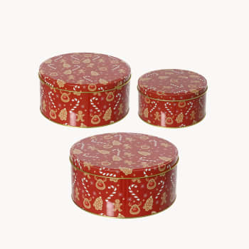 Caja metálica de Navidad roja, set de 3, Ø20x9 cm