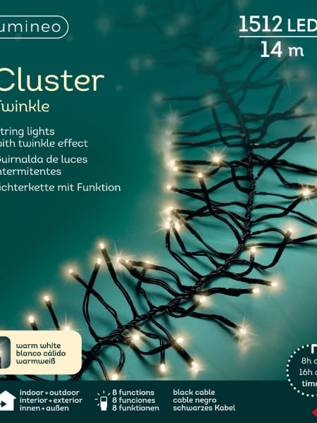 Luces de Navidad Cluster twinkle Blanco 1512 Leds (cable negro de 13,5m)