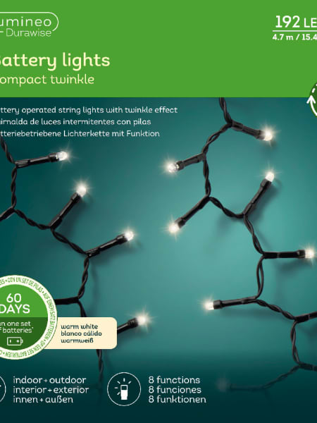 Luces de Navidad Battery Compact twinkle Blanco 192 Leds (cable negro de 4,7m)