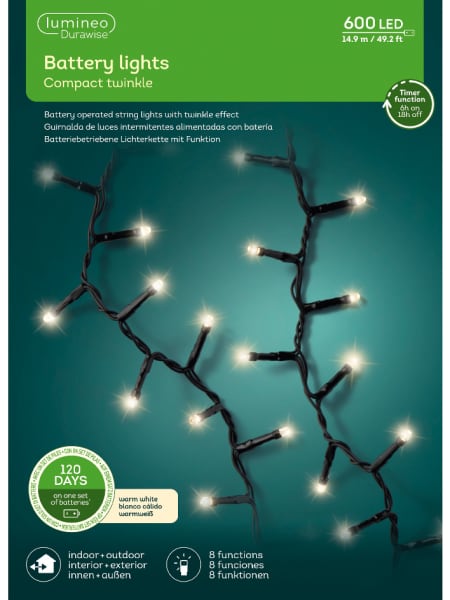 Luces de Navidad Battery Compact twinkle Blanco 600 Leds (cable negro de 14,98m)