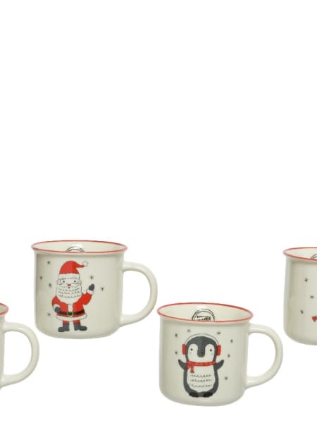 Taza Decorativa de Porcelana para Navidad blanco con reborde rojo