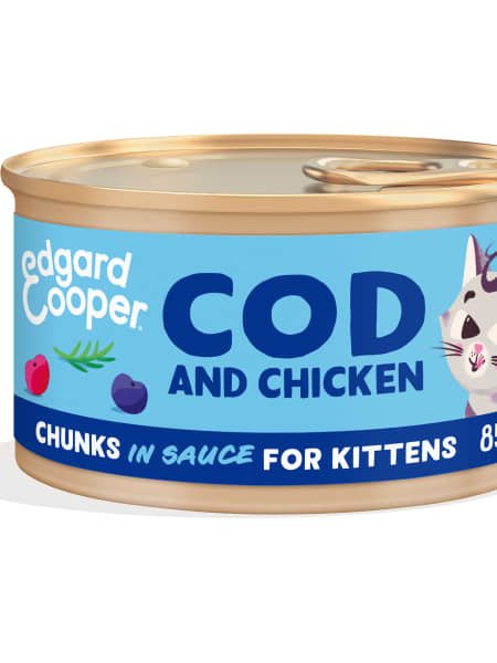 Alimento húmedo para gatitos - Trocitos en salsa de bacalao y pollo Edgard&Cooper