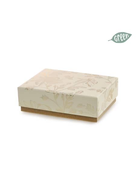 Caja de Cartón Decorativa con Estampado Floral dorado y Base marrón (formato mediano)