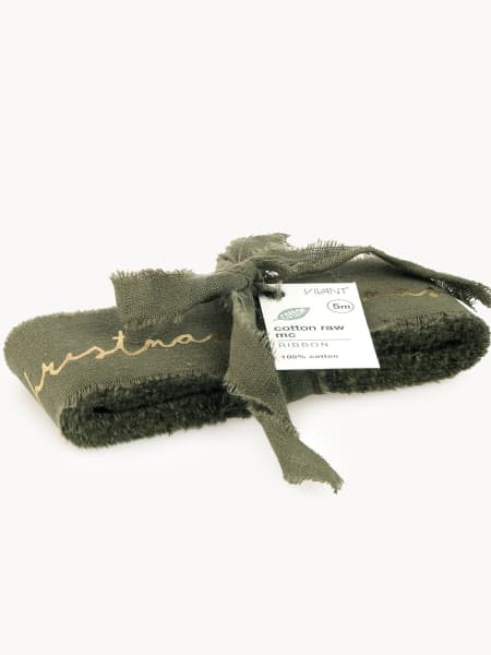 Cinta de Algodón verde con Detalle dorado y Borde deshilachado