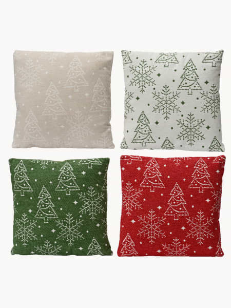 Cojín Navideño de Algodón con Motivos de Árboles y Copos de Nieve