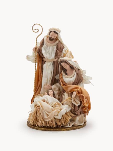 Nacimiento con ropa de tela champán 35 cm para Belén