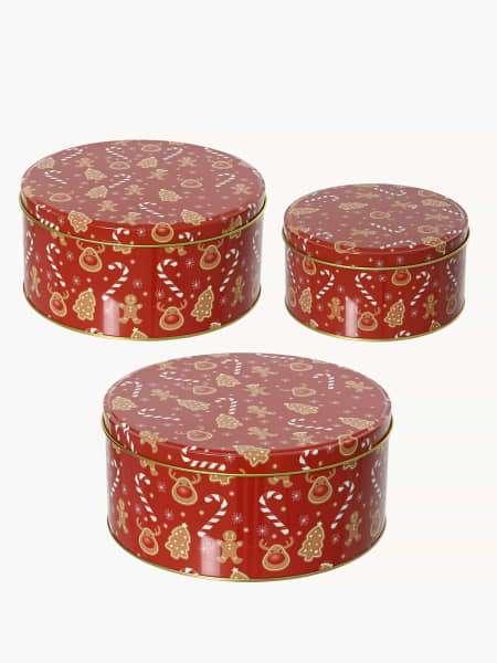 Juego 3 Cajas Metálicas Redondas Navidad Rojas D13.5x7 cm