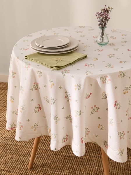 Mantel de algodón efecto lino con estampado de flores Florgur