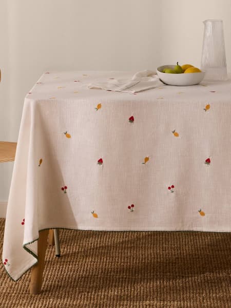 Mantel de algodón efecto lino con frutas bordadas Granfru