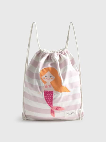 Bolsa mochila de algodón a rayas con sirena bordada Mer