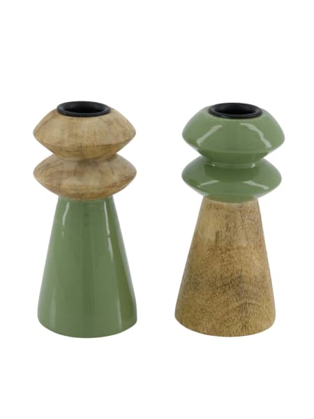Portavelas verde y madera Ø6×13 cm