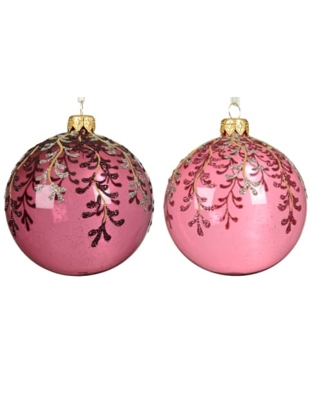 Bola de Navidad de cristal con ramas de purpurina rosa Ø8 cm