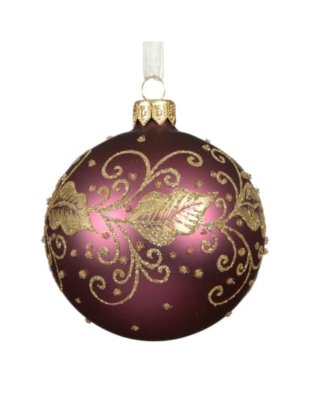 Bola de Navidad de cristal mate rosa oscuro con hojas doradas Ø8 cm
