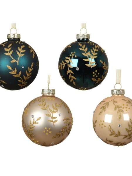 Bola de Navidad verde y champán con hojas doradas Ø8 cm
