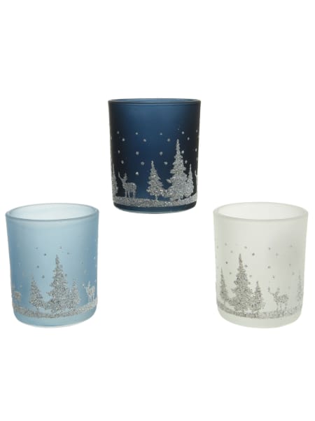 Portavelas de cristal con paisaje navideño Ø7×8,3 cm