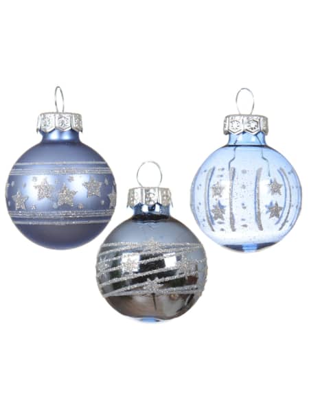 Caja de 9 bolas de Navidad de cristal azules con relieve dorado Ø3 cm