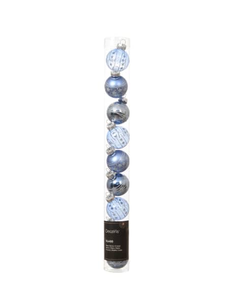 Caja de 9 bolas de Navidad de cristal azules con relieve dorado Ø3 cm